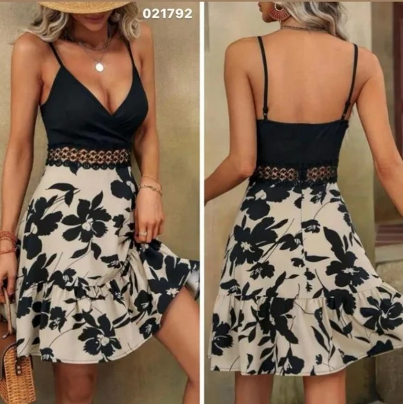 Black & Tan Floral Flowy Dress Plunge Cut Out Flower Preppy Fit & Flare Low Cut - Picture 9 of 10